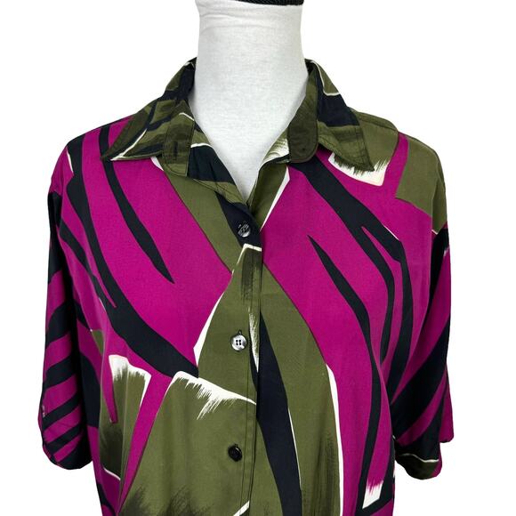 Rafaella Vintage Olive Green & Fuchsia Palm Print Short Sleeve Button Up Blouse - Picture 3 of 9